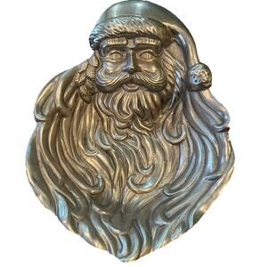 Vintage Pewter Santa Claus Large Serving Bowl Tray Holiday Christmas Decor